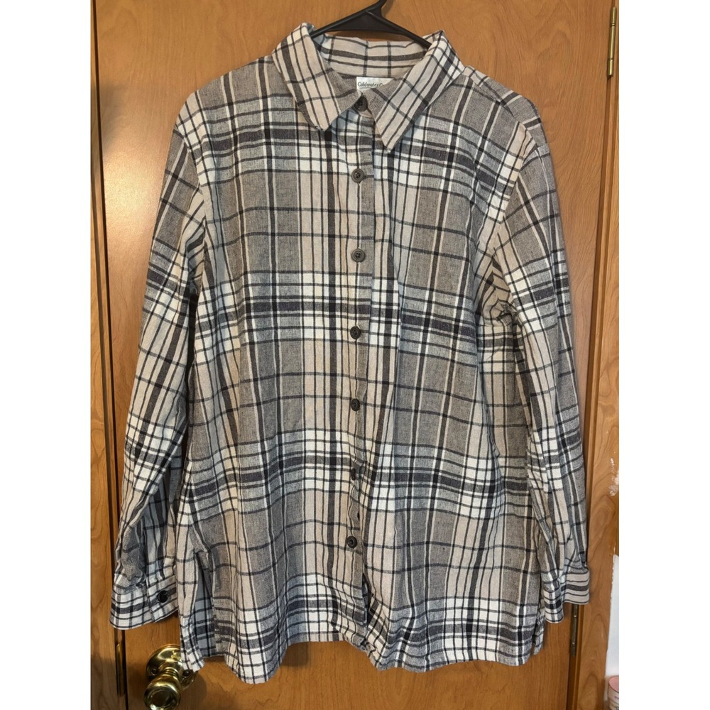 Coldwater Creek Grey Plaid Linen Cotton Blend Button Front Shirt Long Sleeve L